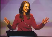  ?? MARK BAKER — THE ASSOCIATED PRESS ?? New Zealand Prime Minister Jacinda Ardern gestures as she gives her victory speech to Labour Party members at an event in Auckland, New Zealand, Saturday.