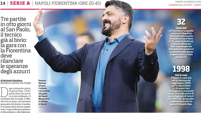  ?? LAPRESSE ?? Gennaro Gattuso, 42 anni, 2 vittorie e 3 sconfitte alla guida del Napoli 66 panchine in carriera in Serie A