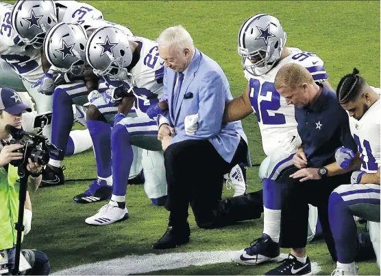  ?? MATT YORK/THE ASSOCIATED PRESS/FILES ?? The Dallas Cowboys, led by owner Jerry Jones, take a knee before the U.S. national anthem before a game last season.