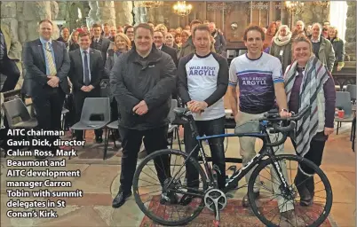  ??  ?? AITC chairman Gavin Dick, director Calum Ross, Mark Beaumont and AITC developmen­t manager Carron Tobin with summit delegates in St Conan’s Kirk.