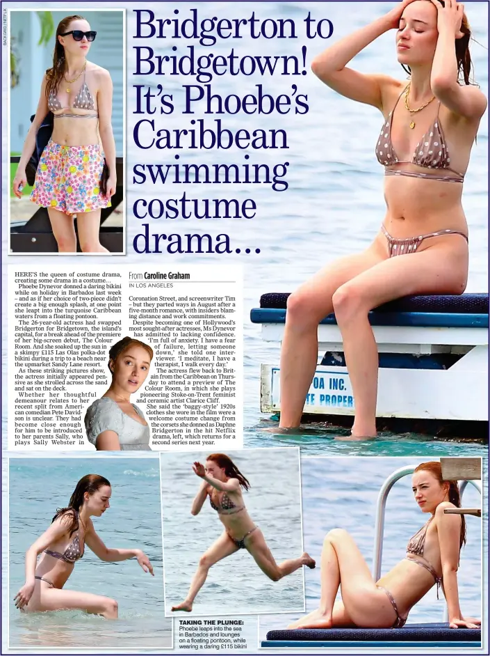  ?? ?? TAKING THE PLUNGE: Phoebe leaps into the sea in Barbados and lounges on a floating pontoon, while wearing a daring £115 bikini