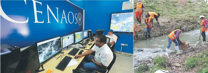  ?? FOTOS: JOHNY MAGALLANES ?? (1)Expertos de Cenaos monitorean el ingreso de una nueva onda tropical al territorio nacional. (2) Cuadrillas de la Alcaldía Municipal realizan limpieza de los causes de la quebrada Los Jucos.