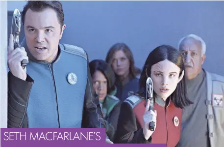  ?? FOX ?? Seth MacFarlane, Penny Johnson Jerald, Adrianne Palicki, Halston Sage and guest star Brian George pay crude homage to classic sci-fi in The Orville.