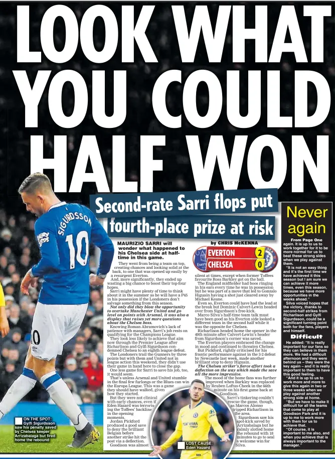  ??  ?? ON THE SPOT: Gylfi Sigurdsson saw his penalty saved by Chelsea keeper Arrizabala­ga but fired home the rebound LOST CAUSE: Eden Hazard