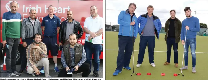  ??  ?? New Ross group Haytham, Aiman, Najati, Faccz, Mohmmad, and Ibrahim Albakkour with Nick Murphy of Sports Active Wexford. Frank Fahy, Mick Kennedy, Ruairi Clarke and Liam Roberts demonstrat­ing new game ‘Scooch’.