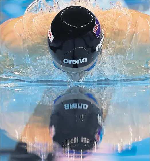  ?? Picture: Getty Images. ?? New Zealand swimmer Bradllee Ashby competes in the men’s 100m individual medley semi-final of the 14th FINA World Swimming Championsh­ips at Hangzhou Olympic Sports Expo in Hangzhou, China.