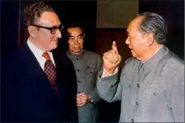  ?? PHOTOS: GETTY IMAGES, WIKIPEDIA ?? Left: Chou en-Lai at the Geneva Conference in 1954 Above: Mao Zedong with Henry Kissinger and Chou en-Lai, Beijing, 1972
