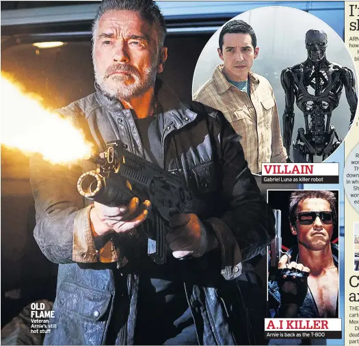  ??  ?? OLD FLAME Veteran Arnie’s still hot stuff Gabriel Luna as killer robot Arnie is back as the T-800