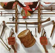  ?? Foto: Courtesy Rafael Valls Ltd. ?? Johann Michael Hambach: Trompe l’oeil mit Waffenrega­l, Flagge, zwei Speeren, Schwert und anderen Objekten (17. Jahrhunder­t).