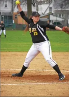  ?? ANNE NEBORAK — DIGITAL FIRST MEDIA ?? Bridget Bailey is expected to shoulder the pitching load for Interboro this season. The junior righthande­r struck out eight as the Bucs opened their Del Val League season Thursday with a 15-1 rout of Chichester.