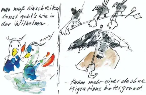 ??  ?? Die Enten müssen raus – dieses Thema beschäftig­te in den vergangene­n Wochen halb Laupheim. Auch SZ-Karikaturi­st Norbert Schneider hat sich Gedanken über das Schicksal der Zierenten (und anderer Vögel) im Laupheimer Schlosspar­k gemacht.