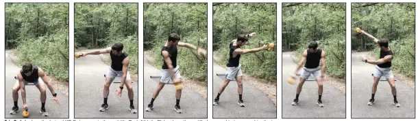  ?? (Arkansas Democrat-Gazette/Celia Storey) ?? Eric Godwin does the Lateral KB Swing on a trail near Little Rock Athletic Club, where the certified personal trainer sees his clients.