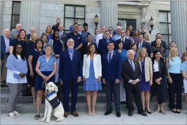  ?? CARL HESSLER JR. - MEDIANEWS GROUP ?? Standing on the steps of the Montgomery County Courthouse, citizens at the forefront of advocating for children who are victims of abuse and neglect wore blue to recognize April as Child Abuse Prevention Month.