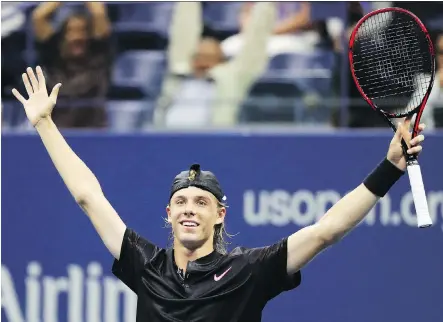  ?? ABBIE PARR/GETTY IMAGES ?? Denis Shapovalov of Richmond Hill, Ont., celebrates defeating Jo-Wilfried Tsonga during their second-round match at the U.S. Open on Wednesday in New York. Shapovalov drew England’s Kyle Edmund for his third-round opponent.