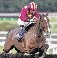  ??  ?? Noel Fehily riding Monalee clear the last to win The Flogas Novice Steeplecha­se at Leopardsto­wn last month