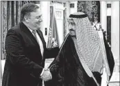  ?? BANDAR AL-JALOUD/GETTY-AFP ?? Saudi Arabia’s King Salman greets U.S. Secretary of State Mike Pompeo in Riyadh on Tuesday.