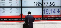  ??  ?? TOKYO: A man stands near an electronic stock board showing morning closing transactio­n value of Japan’s Nikkei 225 index at a securities firm in Tokyo on Friday. —AP