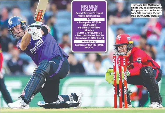  ?? ?? Hurricane Ben McDermott on the way to becoming the first player to score back-toback BBL centuries. Picture: Mike Owen/Getty Images