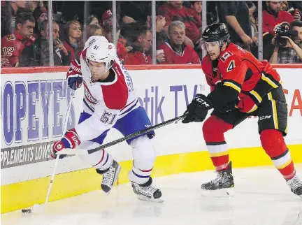  ?? DEREK LEUNG/GETTY IMAGES ?? Seen in action against the Flames, David Desharnais, from the Habs’ third line, shares the team scoring lead with 12 points.