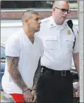  ?? KEITH NORDSTROM/ THE ASSOCIATED PRESS ?? Former New England Patriots tight end Aaron Hernandez, 23, is led into court Wednesday in Attleboro, Mass.