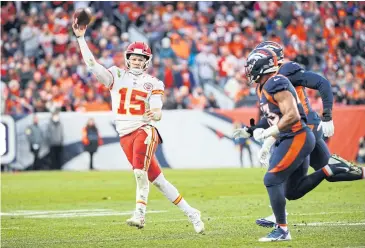  ?? AFP ?? Chiefs quarterbac­k Patrick Mahomes looks to pass during the second half against the Broncos.