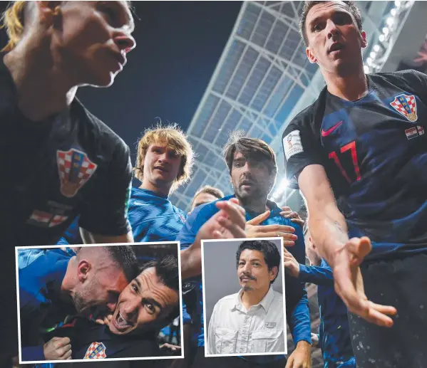  ??  ?? A NEW VIEW: AFP photograph­er Yuri Cortez snaps Croatia's forward Mario Mandzukic offering to help him up after he fell on him with teammates while celebratin­g their second against England. Mandzukic (inset left) celebrates while on top of Cortez (inset...
