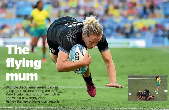  ?? GETTY IMAGES ?? Kelly Brazier dives across to score the winning try in the Commonweal­th Games sevens final against Australia in 2018, prompting contrastin­g displays of emotions from both teams, inset.