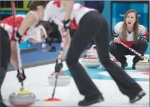  ?? Associated Press photo ?? Team Canada's skip Rachel Homan shouts instructio­ns during roundrobin curling action against Denmark at the Pyeongchan­g 2018 Olympic Winter Games in Korea, Friday.