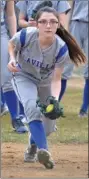  ?? PILOT PHOTOS/ RON HARAMIA ?? Chloe Herbster (15) and Ayva Barger (near left) are two players Laville head softball coach Scot Shearer will be counting on this season.