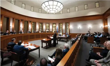  ?? Photograph: Glen Stubbe/AP ?? Ronald Fein, attorney for the petitioner, Free Speech for People, gives his ending rebuttal to his case before the Minnesota supreme court on 2 November in St Paul.