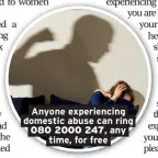  ??  ?? Anyone experienci­ng domestic abuse can ring 080 2000 247, any time, for free