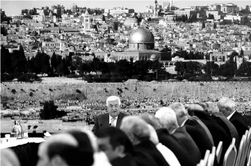  ??  ?? Abbas addresses a meeting of the Palestinia­n leadership in the West Bank city of Ramallah during which he announced freezing contacts with Israel over new security measures at the highly sensitive Jerusalem holy site of Al-Aqsa mosque compound, known...