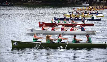  ??  ?? Start of U-16 Ladies Race with which 10 crews took to the line at the Rowing County Championsh­ips at Sneem.