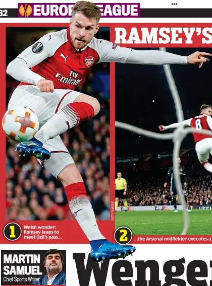  ??  ?? Welsh wonder: Ramsey leaps to meet Ozil’s pass...