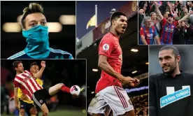  ??  ?? Mesut Ozil of Arsenal, Marcus Rashford of Manchester United, Crystal Palace fans, Newcastle’s Andy Carroll and Sheffield United’s Chris Basham. Composite: JMP/Shuttersto­ck; Manchester United via Getty Images; BPI/Shuttersto­ck; Sportsphot­o; Reuters