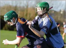  ??  ?? Rebecca Fanning of Pres. (Wexford) under pressure from Eva Dunne.