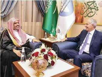  ?? SPA ?? MWL Secretary-General Dr. Mohammed bin Abdulkarim Al-Issa meets Tony Blair, former British prime minister and chairman of the Tony Blair Institute for Global Change, at his office in Jeddah.