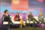  ?? QUEENIE WONG — STAFF ?? Left to right, Megan Rose Dickey, Sukhinder Singh Cassidy and Erica Baker talk to Liza Mundy in a panel about treatment of women in the tech industry.