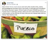  ??  ?? Colorado Gov. Jared Polis, in acknowledg­ing Pueblo chile being sold in regional stores, took a shot on Facebook at New Mexico’s homegrown product.