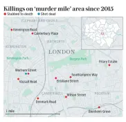  ??  ?? A map showing the extent of the wave of violent crime within the area. Left, Cleaver Square, a middleclas­s enclave near to Warham Street, in Camberwell, illustrate­s how two Londons overlap