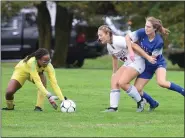  ?? AUSTIN HERTZOG - MEDIANEWS GROUP ?? Pottsgrove defender Lana Sorg (16) shields a Villa Joseph Marie attacker from the ball to allow goalkeeper Summer Walker to collect it during Monday’s District 1-3A semifinal.