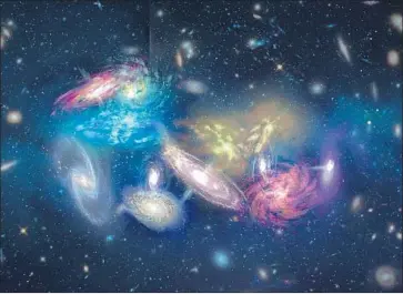  ?? S. Dagnello NRAO/AUI/NSF ?? AN ARTIST’S IMPRESSION of the 14 galaxies that are in the process of merging into a colossal cluster. A research team estimates that they could be making stars as much as 1,000 times faster than the Milky Way.