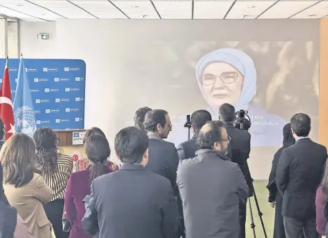  ?? ?? First lady Emine Erdoğan’s video message is displayed at the event in Paris, March 28, 2024.