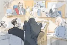  ?? ALEXANDRA NEWBOULD, THE CANADIAN PRESS ?? From left, Actress Rebekah Asselstine, Jacob Hoggard, Justice Gillian Roberts, Crown prosecutor Kelly Slate, a complainan­t in the case and members of the jury in an artist’s sketch of Hoggard’s trial in Toronto on Thursday.