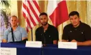  ?? Photograph: Laurent Viteur/ Getty Images ?? Anthony Sadler, Alek Skarlatos and Spencer Stone at a press conference in Paris in August 2015.