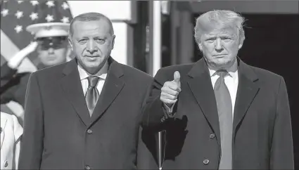  ?? -AFP ?? US President Trump welcomes Turkey's Pressident Tayyip Erdogan at the White House.