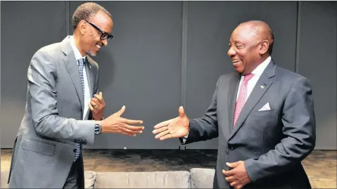  ?? SIYABULELA DUDA ?? PRESIDENT Cyril Ramaphosa with his Rwandan counterpar­t Paul Kagame at the Cape Town Internatio­nal Convention Centre two weeks ago. Diplomatic tensions have mounted between the two countries, with Kagame accusing South Africa of giving refuge to dissidents from his country. | GCIS