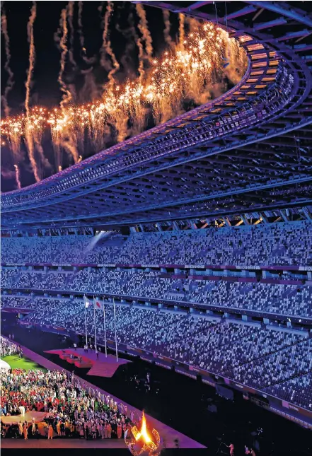  ??  ?? Fireworks at the Tokyo 2020 Olympics closing ceremony in the Olympic Stadium yesterday