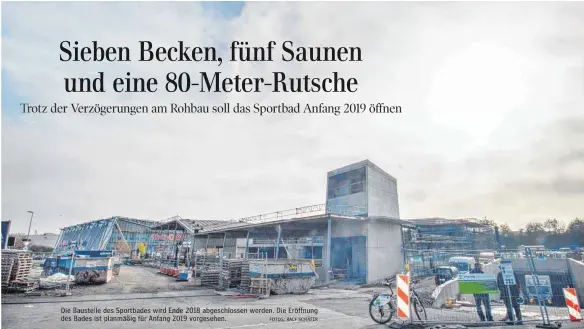  ??  ?? Die Baustelle de Sportbades ir Ende 01 abgeschlos­se werden. Di Eröffnun des Bade ist planmäßig für Anfang 01 vorgesehen. FOTOS: RALF SCHÄFE