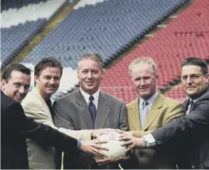  ??  ?? 0 The new look Sky Sports team announce the channel’s new deal to cover the SPL in 1998. From left: Martin Geissler, Charlie Nicholas, Jim White, Davie Provan and Ian Crocker.